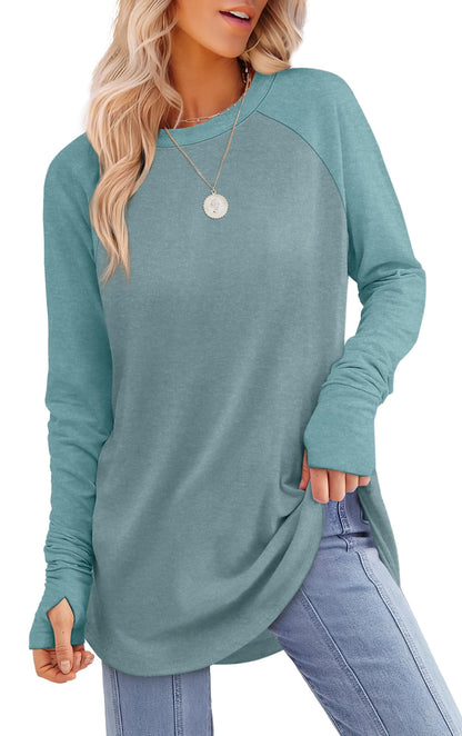 Tunic Top with Thumb Holes for Women - Long Sleeve Shirt with Curved Hem R-bluegreencolorblock