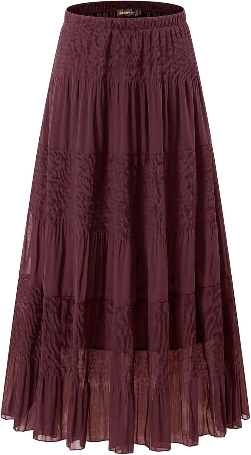 Chiffon Maxi Skirt for Women - High Waist Pleated A-Line Flared Long Skirt