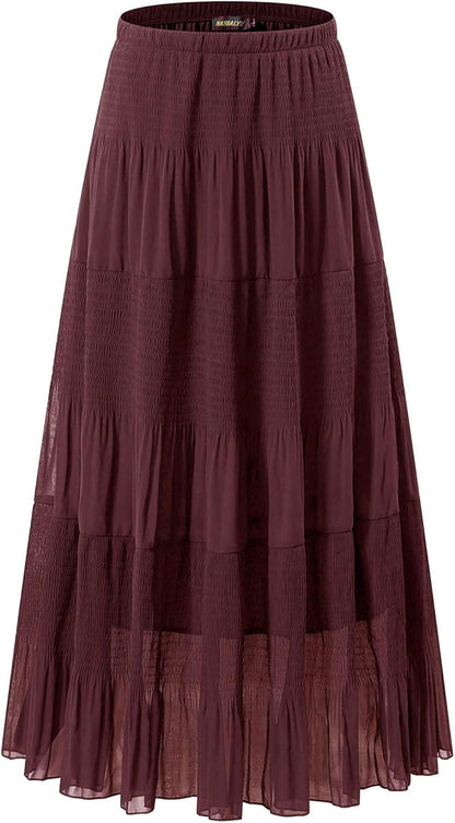 Chiffon Maxi Skirt for Women - High Waist Pleated A-Line Flared Long Skirt Wine