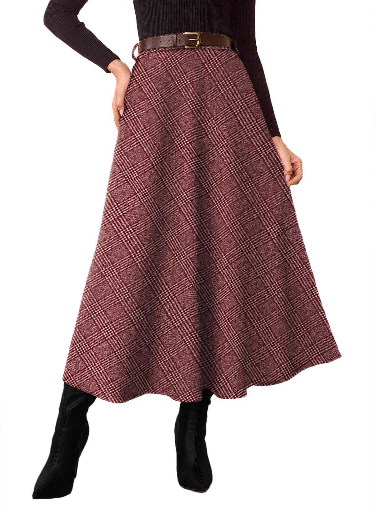Women's Plaid Skirts - High Waist A-Line Midi Tartan Skirt with Pockets