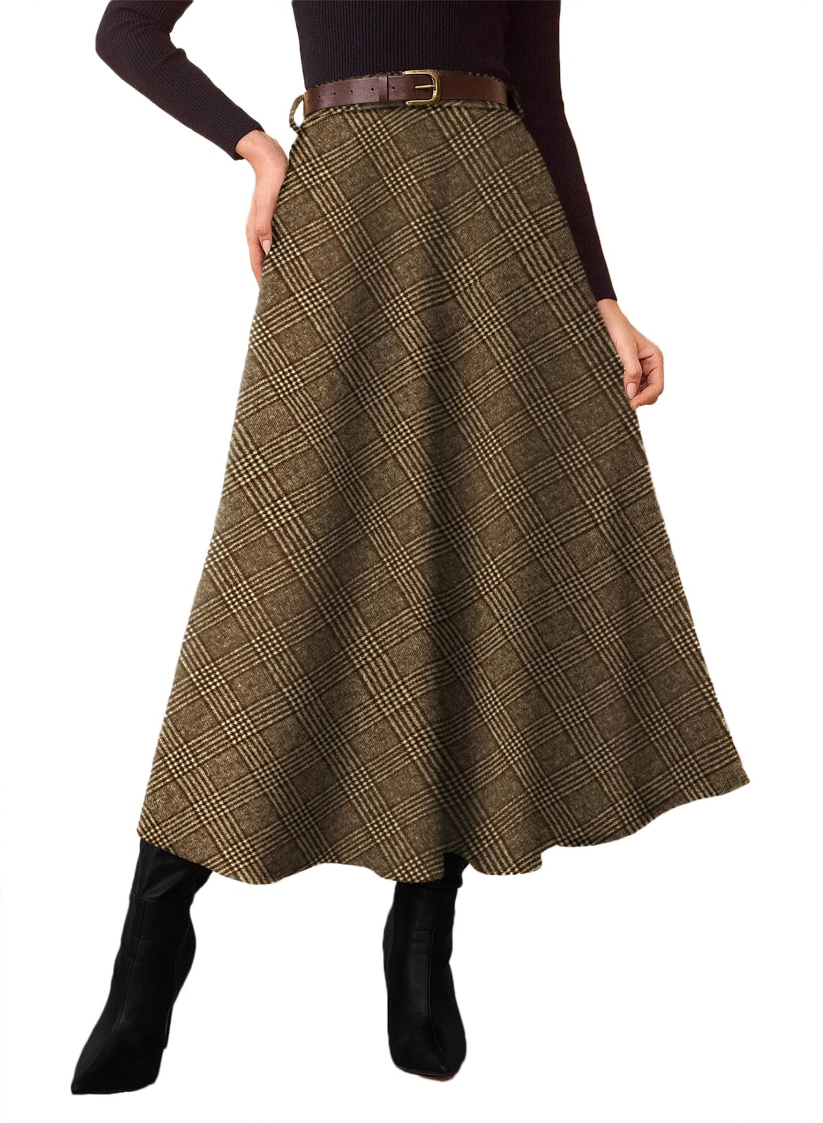 Women's Plaid Skirts - High Waist A-Line Midi Tartan Skirt with Pockets Coffee