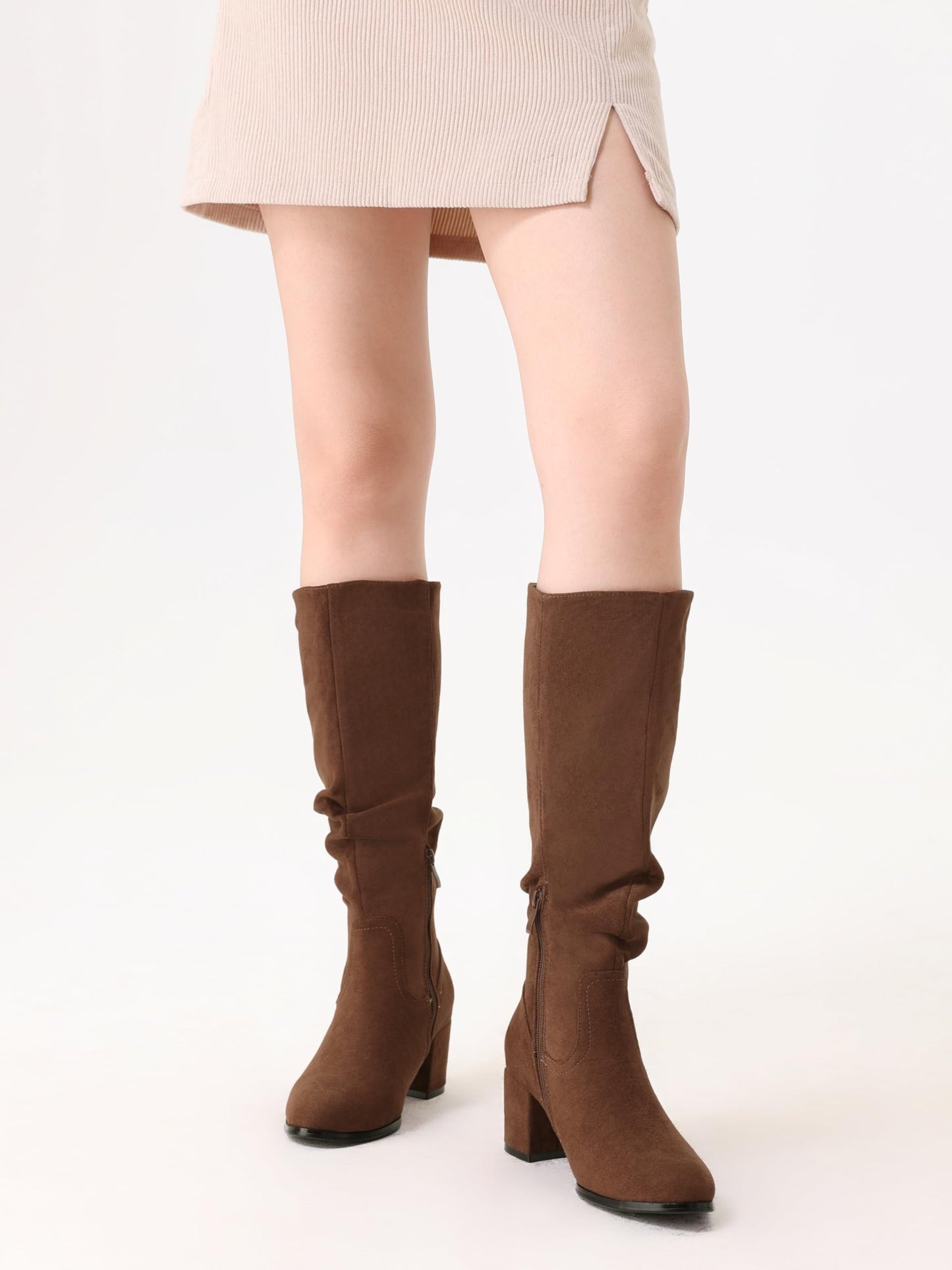 Shoe'N Tale Women's Knee High Boots Chunky Heel Pointed Toe Suede Slouch Winter Shoes with Side Zipper