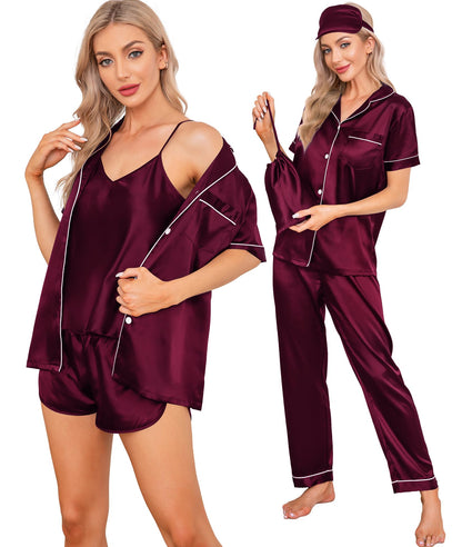 SWOMOG Womens Silk Satin Pajamas Sets 7pcs Sleepwear Sexy Cami Shorts Set and Button Down Short Sleeve Satin Pjs