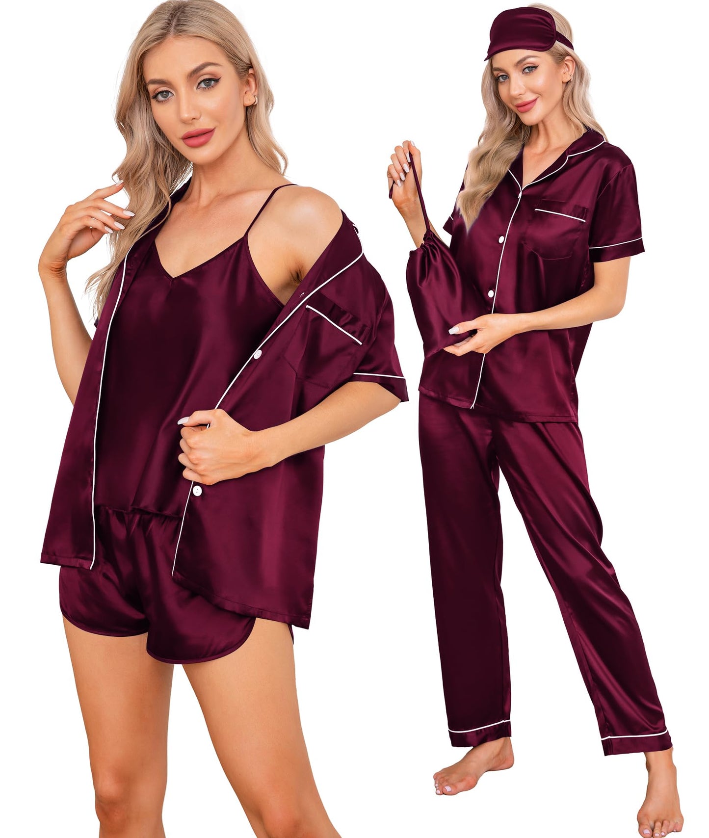 SWOMOG Womens Silk Satin Pajamas Sets 7pcs Sleepwear Sexy Cami Shorts Set and Button Down Short Sleeve Satin Pjs