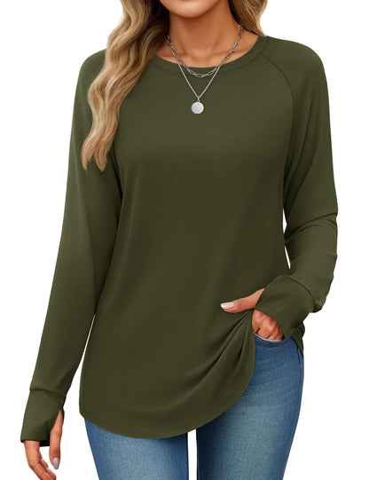 Women's Long Sleeve Tunic Top with Thumb Holes - Loose Fit Shirt for Leggings Army Green
