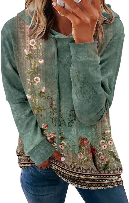 Pullover Hoodie - Tie Dye & Floral Print Hooded Sweatshirt with Pockets L-green Vine