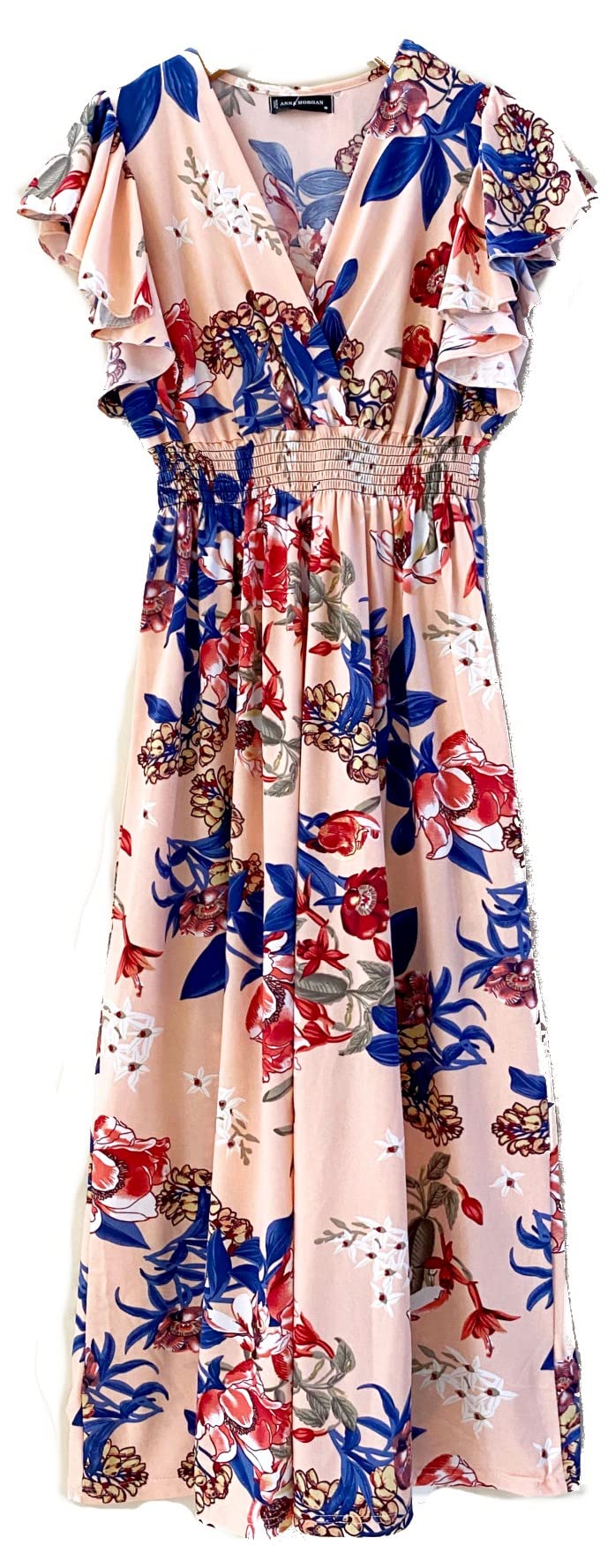 Smocked Maxi Dress - V Neck Exotic Print Dress for Maternity & Plus Size Lily Blossom - Peach