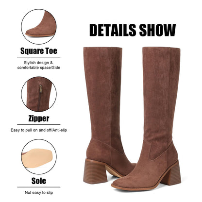 VOMIRA Knee High Boots Women Square Toe Chunky Heels Side Zipper Wide Calf Boots Fall Winter Brown Suede Boots Women