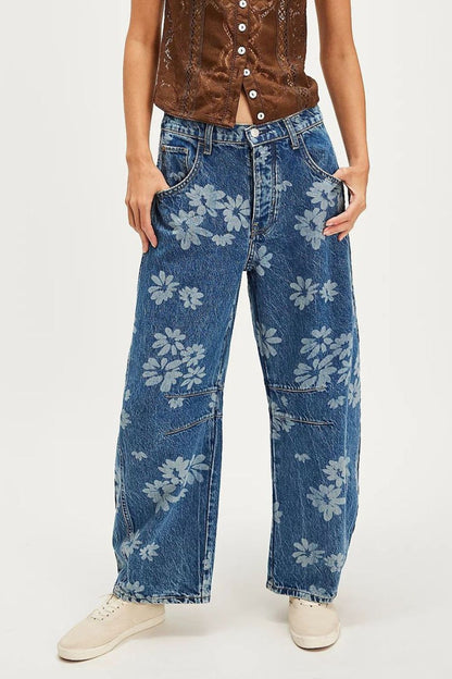 Flower Print Wide Leg Jeans