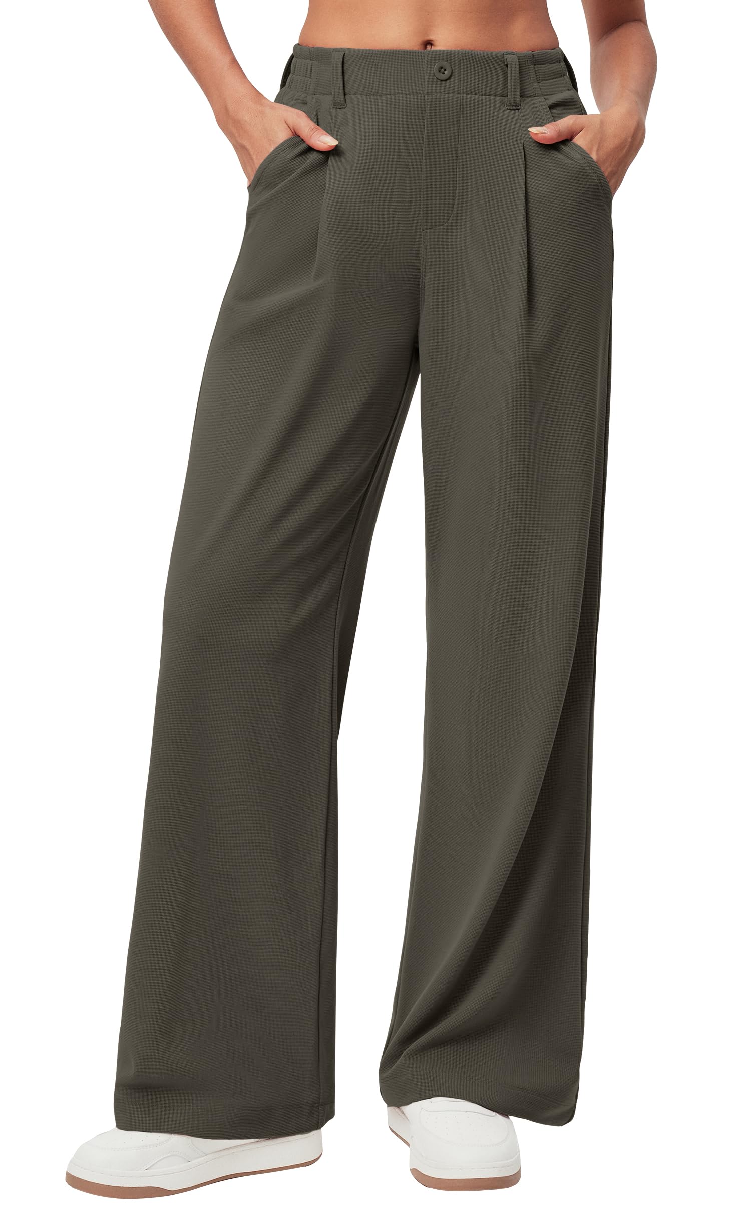Women's Wide Leg Work Pants - Stretchy Pull-On Business Casual Trousers with Pockets