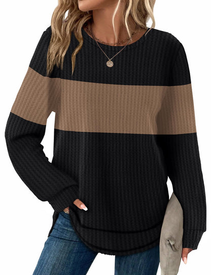 Women's Tunic Tops - Loose Fit Waffle Knit Long Sleeve Crewneck Sweaters Z-b-black-brown