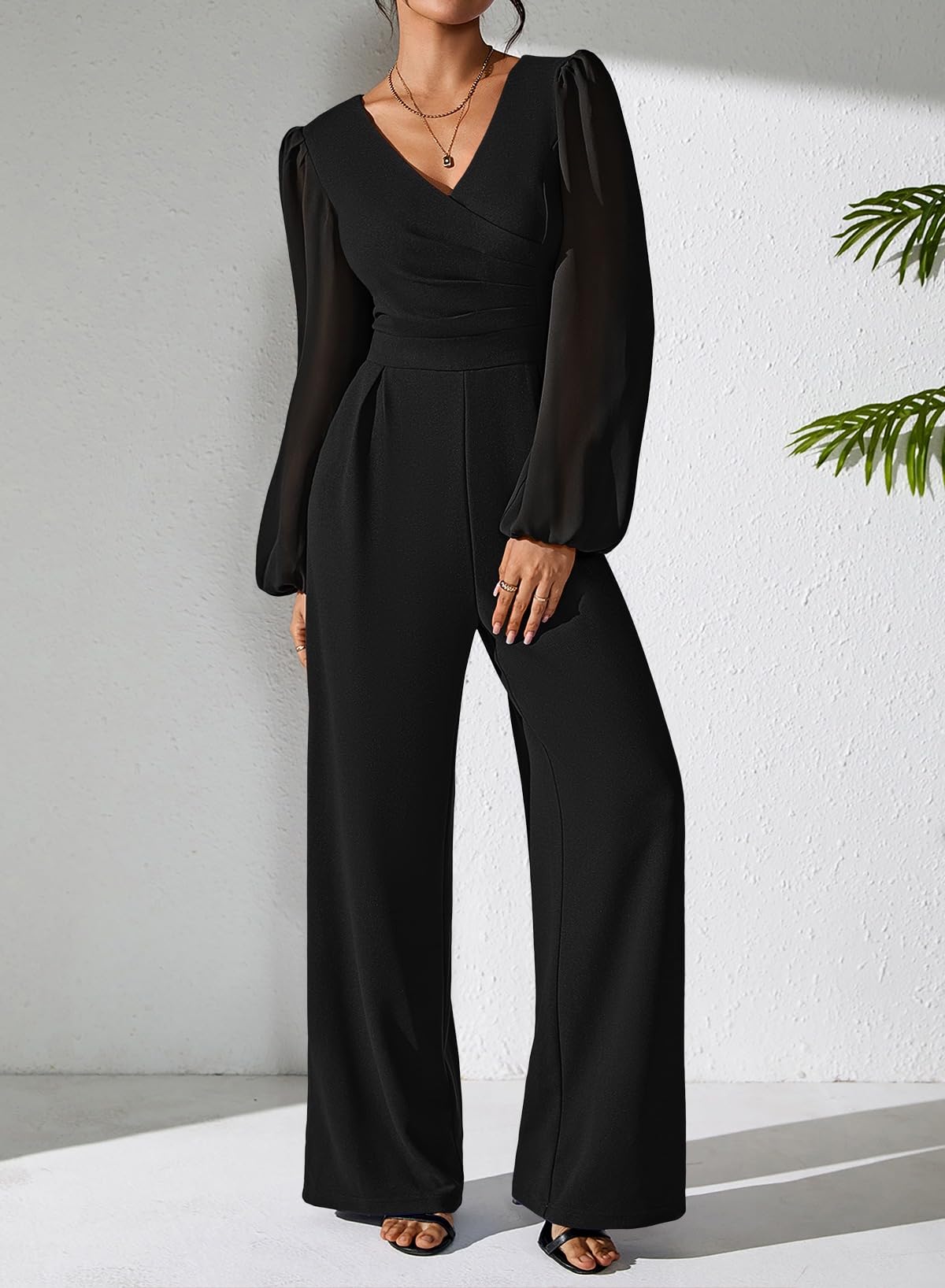 Pink Queen Jumpsuits for Women Dressy Patchwork Chiffon Sleeve V Neck Wide Leg Romper Holiday Party Outfits
