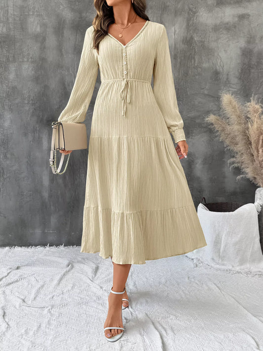 Tiered V-Neck Long Sleeve Dress Apricot