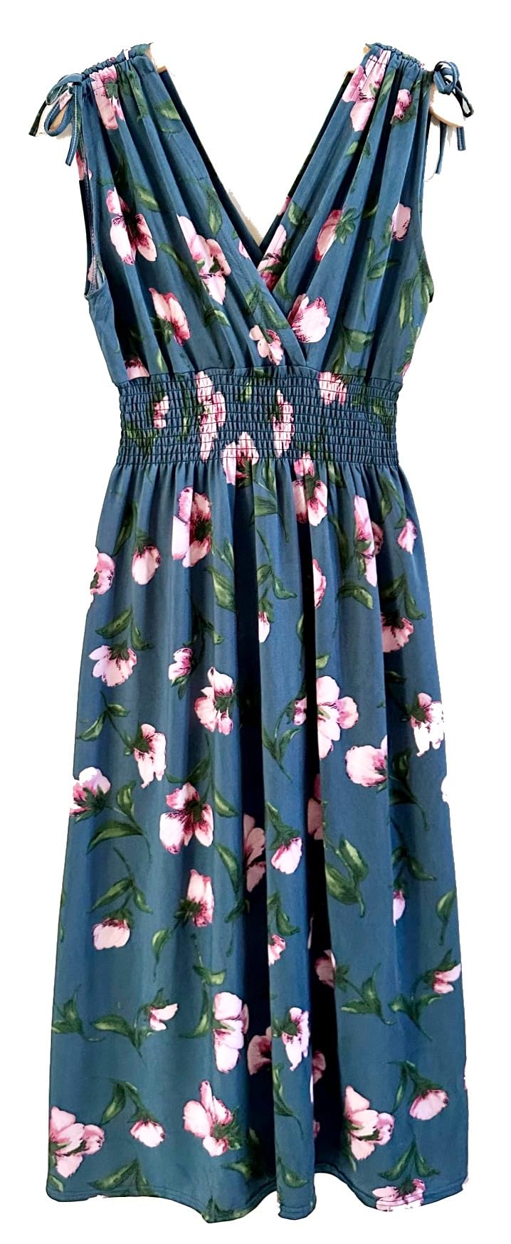 Smocked Maxi Dress - V Neck Exotic Print Dress for Maternity & Plus Size 1X Steel Blue and Pink Floral