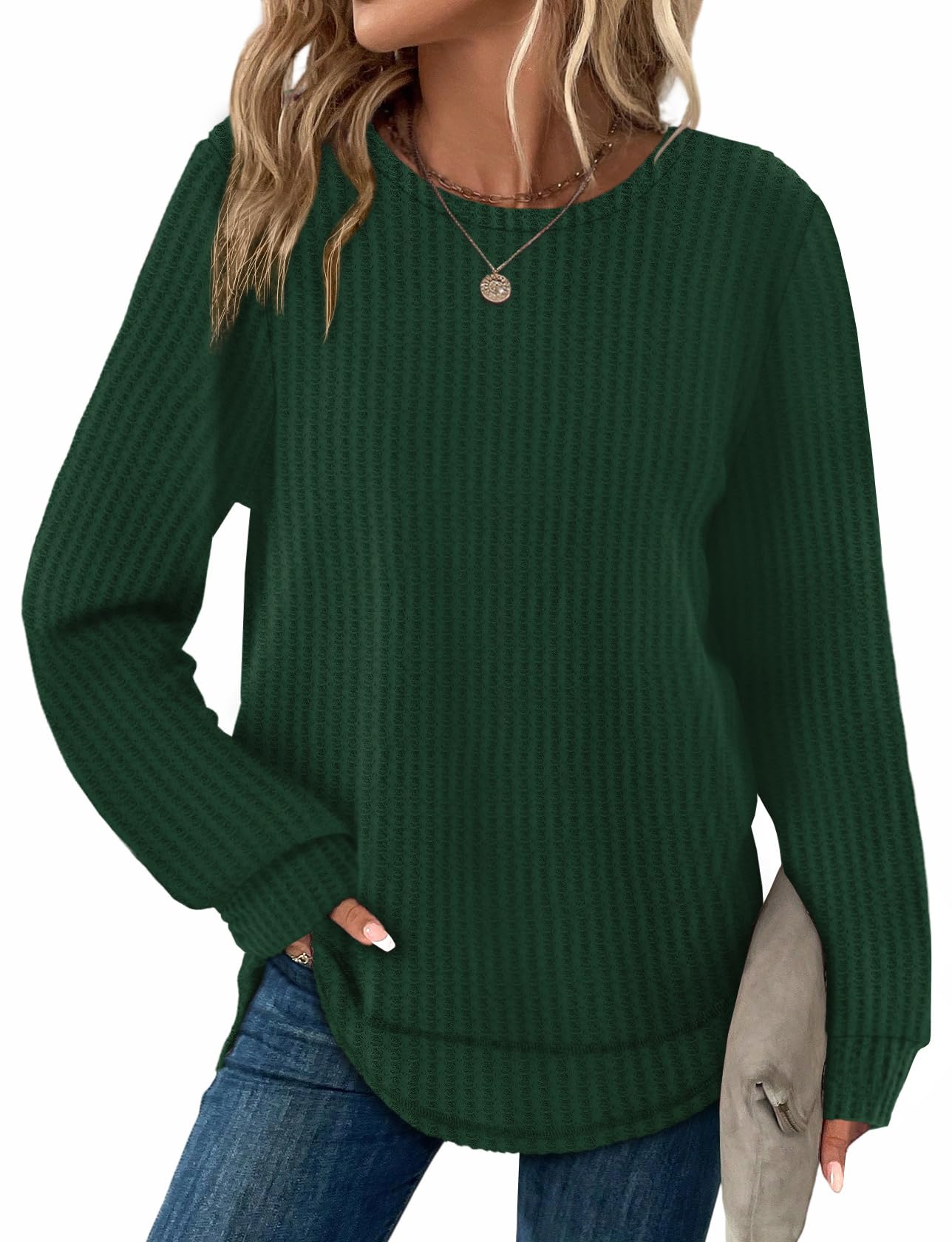 Women's Tunic Tops - Loose Fit Waffle Knit Long Sleeve Crewneck Sweaters Green