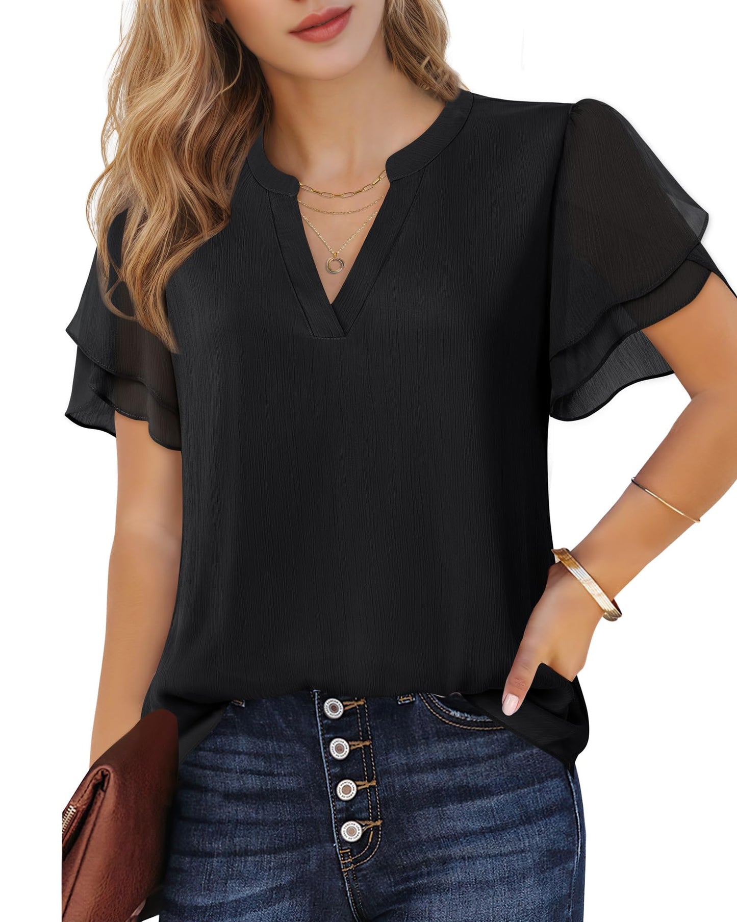 Polyester Blouses - Women's Chiffon Blouse V-Neck Puff Sleeve Summer Top for Work and Casual Wear