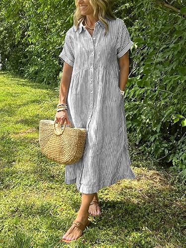 chouyatou Women's Summer Striped Midi Long Shirt Dress Casual Loose Short Sleeve Button Down Dress (Large, Grey)