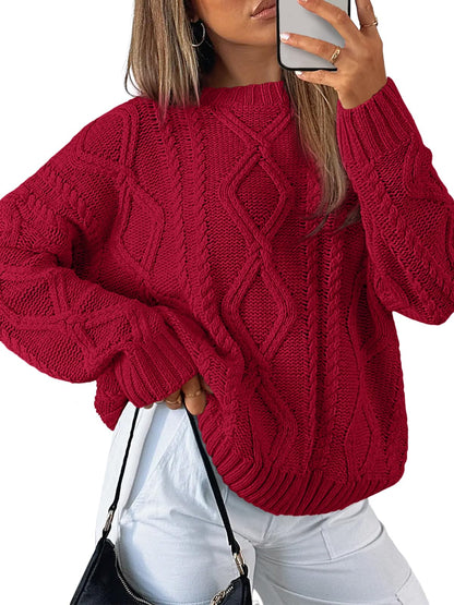 Women's Oversized Cable Knit Crewneck Sweaters - Cozy Fall Pullover Red