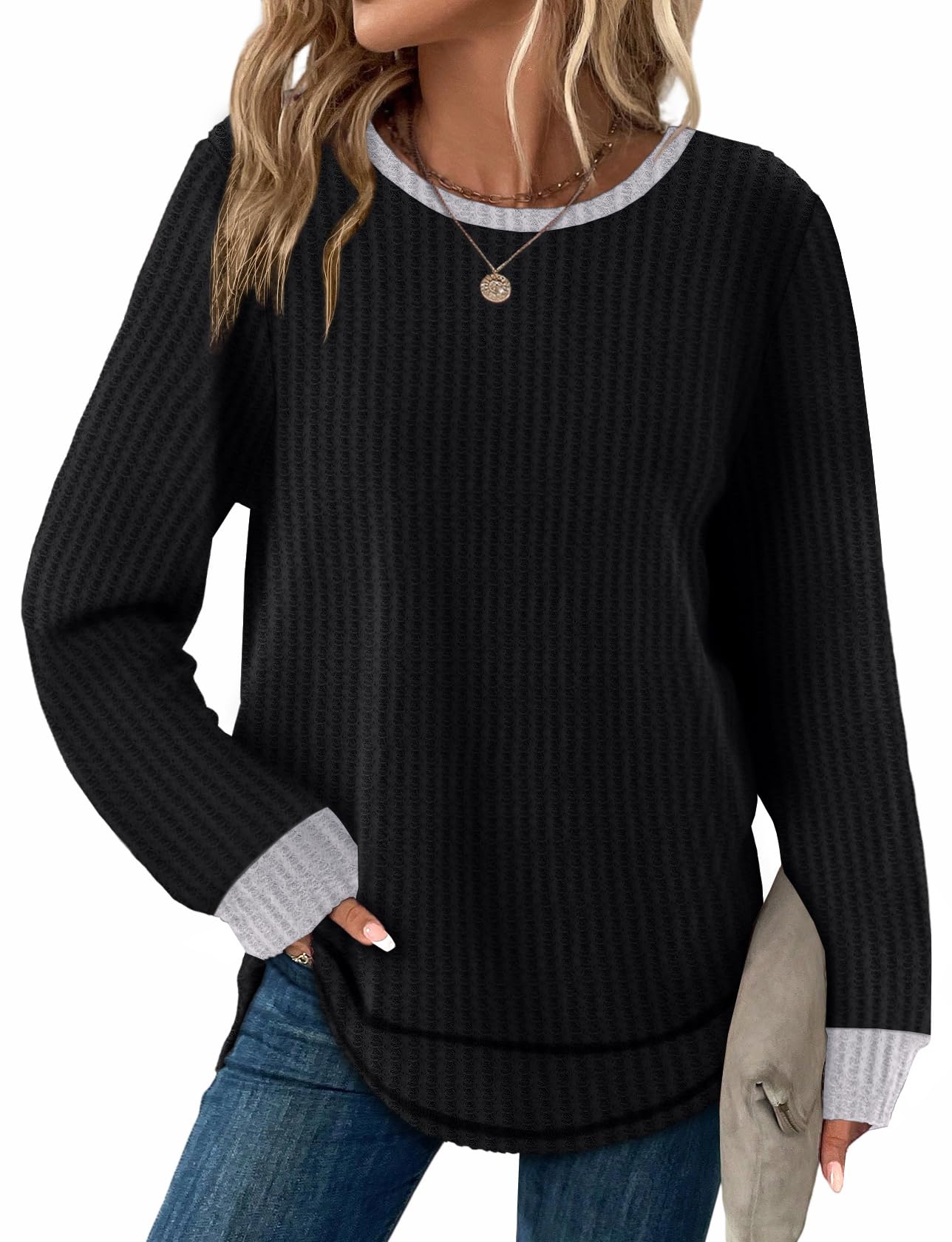Women's Tunic Tops - Loose Fit Waffle Knit Long Sleeve Crewneck Sweaters