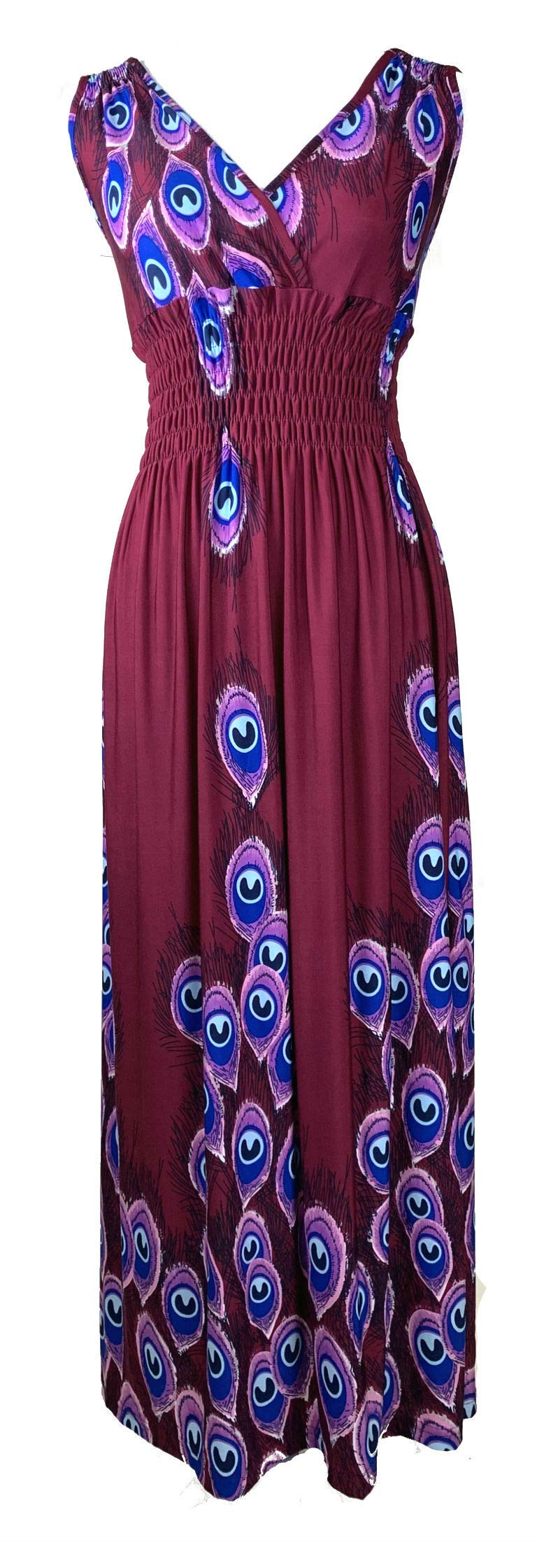 Smocked Maxi Dress - V Neck Exotic Print Dress for Maternity & Plus Size Peacock - Wine