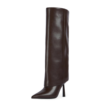 Modatope Knee High Chocolate Brown Fold Over Boots for Women Pointed Toe Stiletto Fall Boot Side Zipper Tall Fashion Boots Size 9