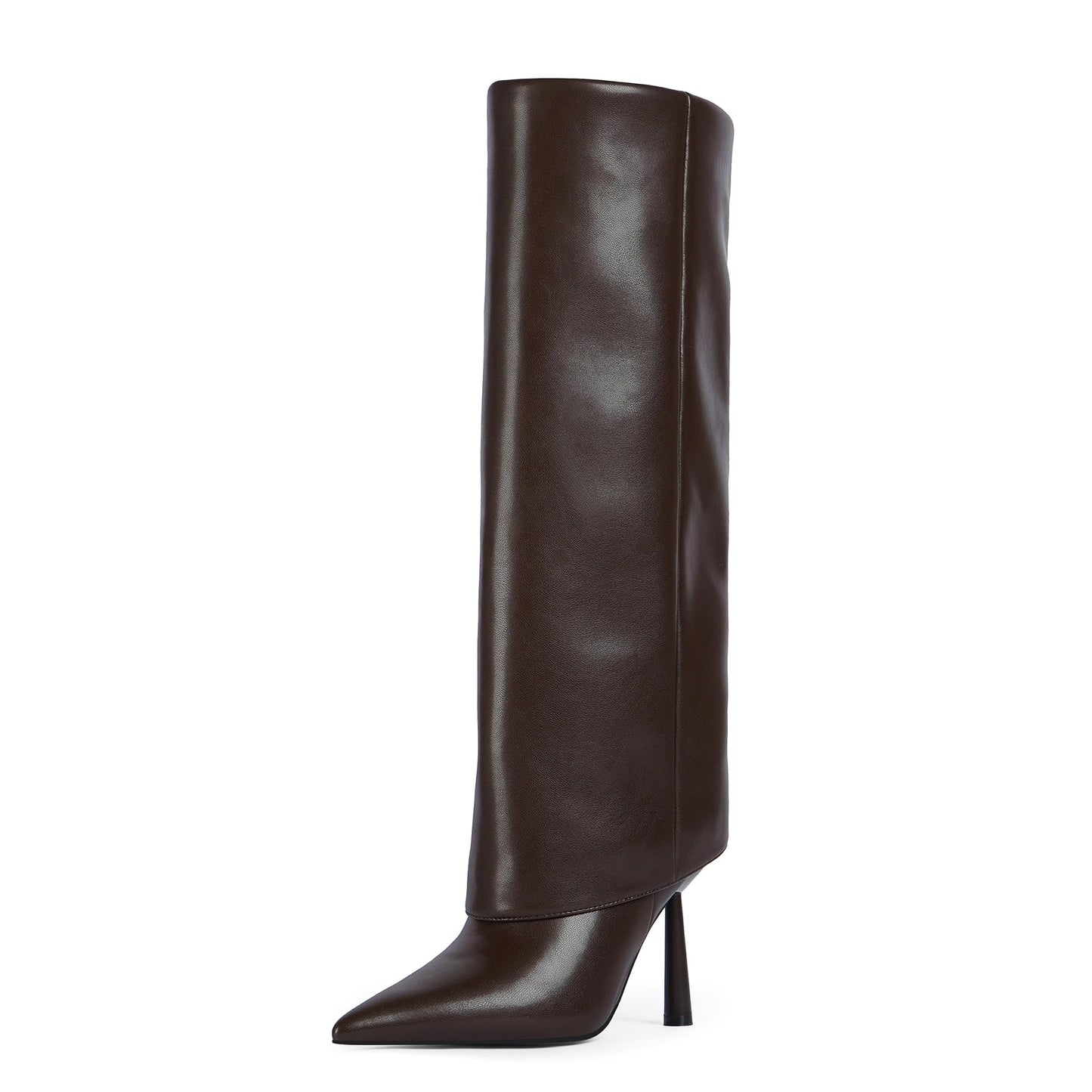 Modatope Knee High Chocolate Brown Fold Over Boots for Women Pointed Toe Stiletto Fall Boot Side Zipper Tall Fashion Boots Size 9