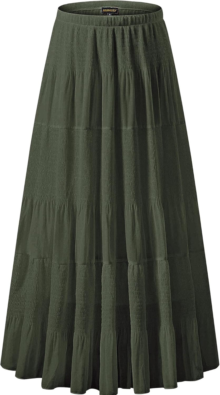 Chiffon Maxi Skirt for Women - High Waist Pleated A-Line Flared Long Skirt Blackish Green