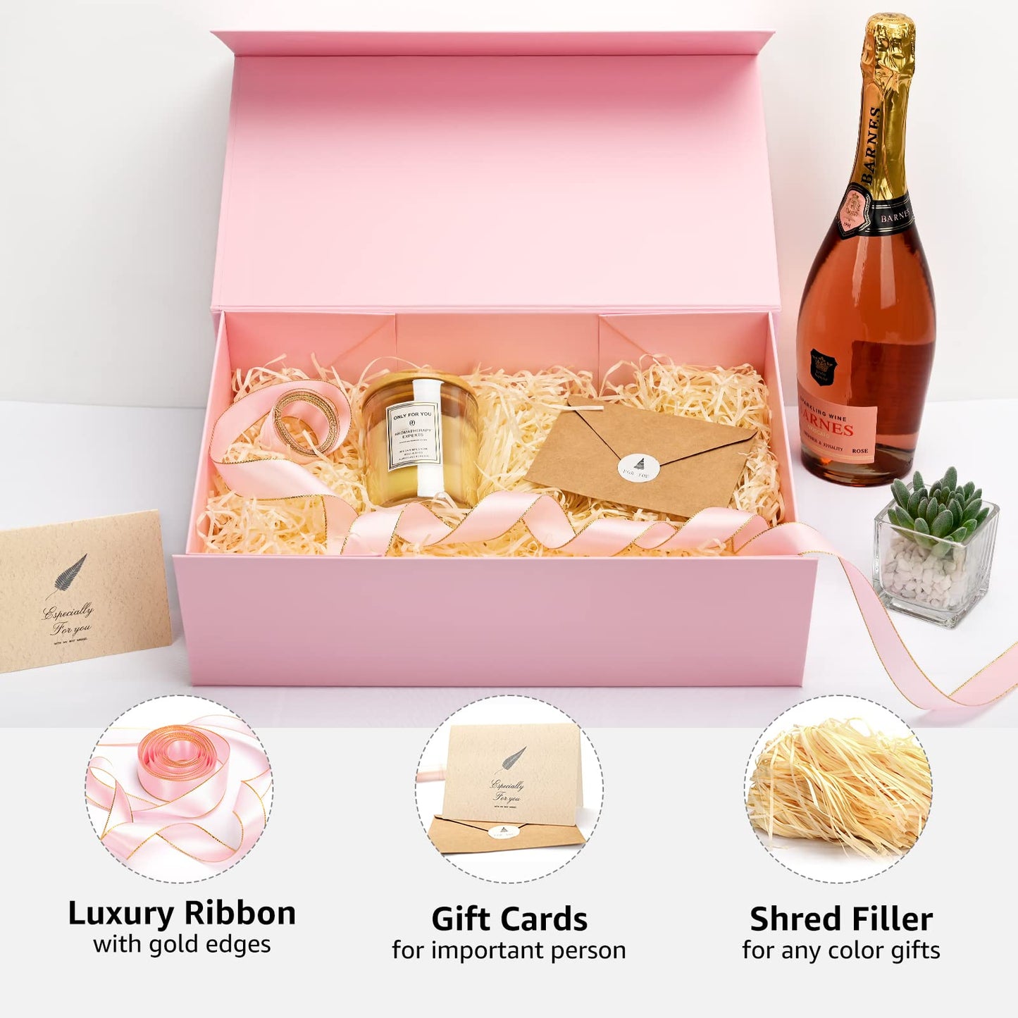 Gift Boxes with Lids 2 Pack - Magnetic Closure with Ribbon, Card, Filler & Sticker