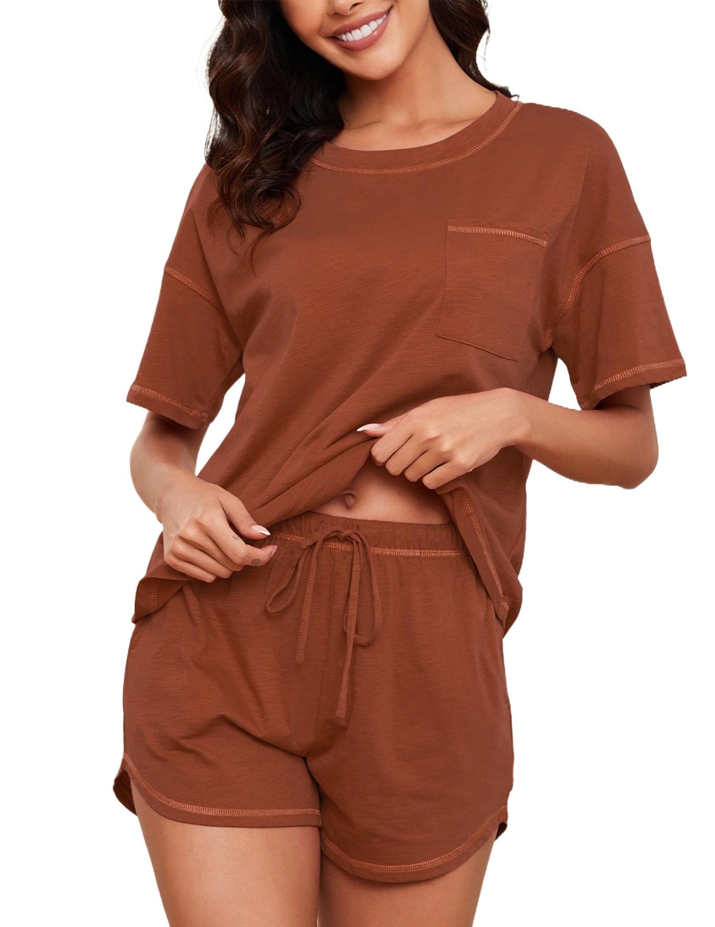 Women's Cotton Pajama Set - Short Sleeve Top and Shorts Sleepwear Lounge Set Dark Orange