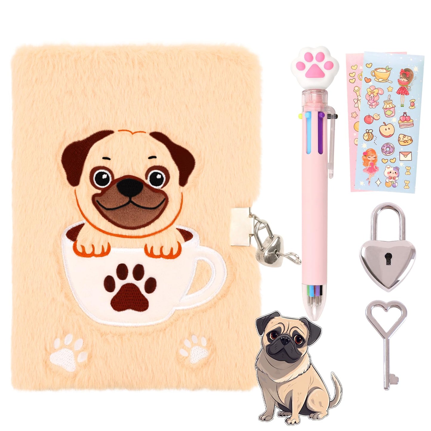Girls Heart Diary with Lock and Keys - Cute Plush Secret Journal Notebook Gift Ages 6-8 French bulldog