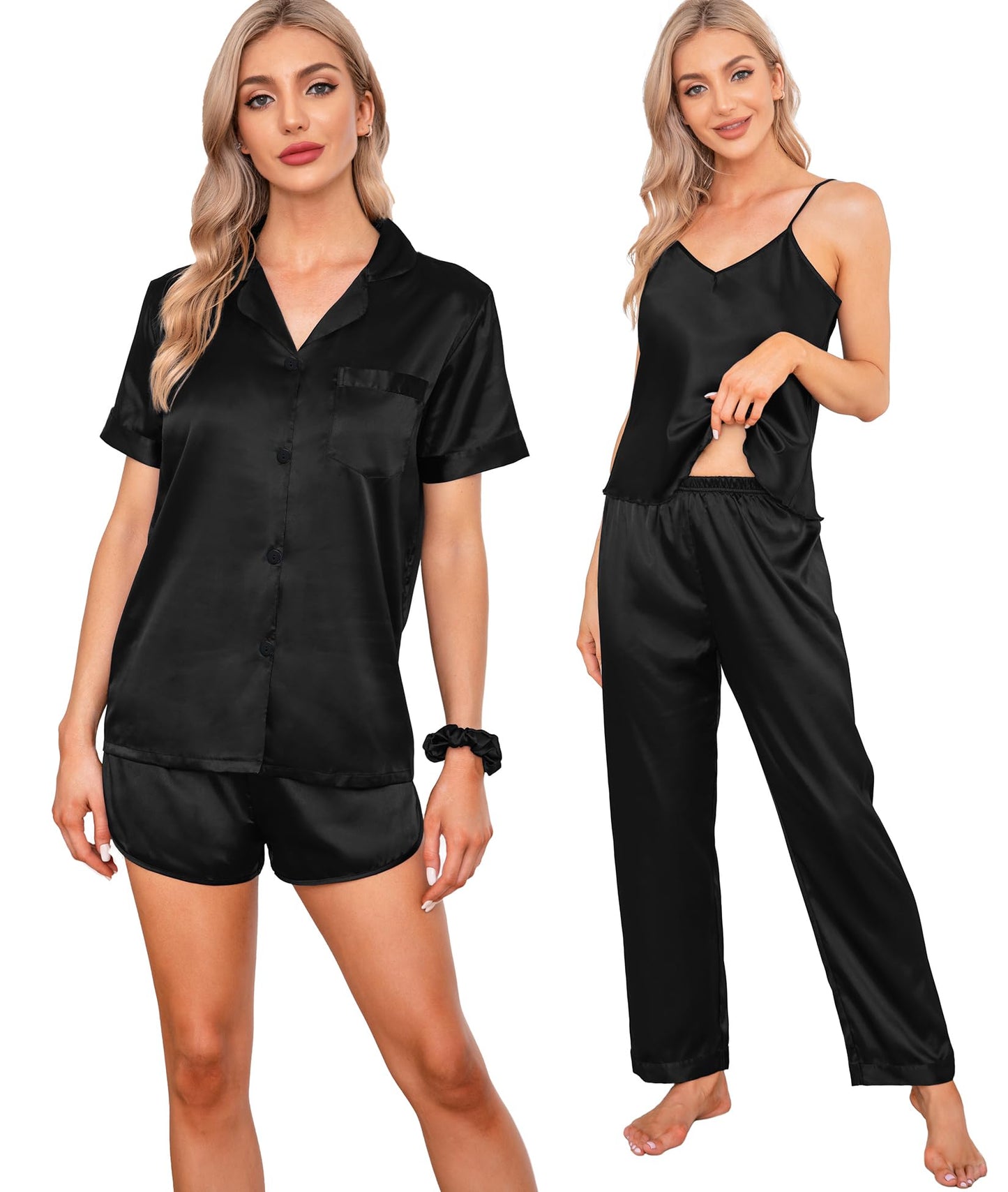 SWOMOG Womens Silk Satin Pajamas Sets 7pcs Sleepwear Sexy Cami Shorts Set and Button Down Short Sleeve Satin Pjs