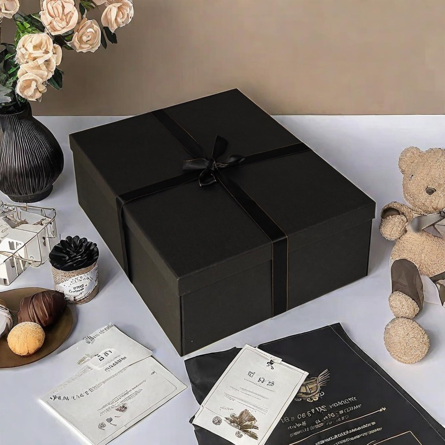 Large Gift Box with Lid 16.5x13x5.5 inches - Includes Card, Ribbons & Filler