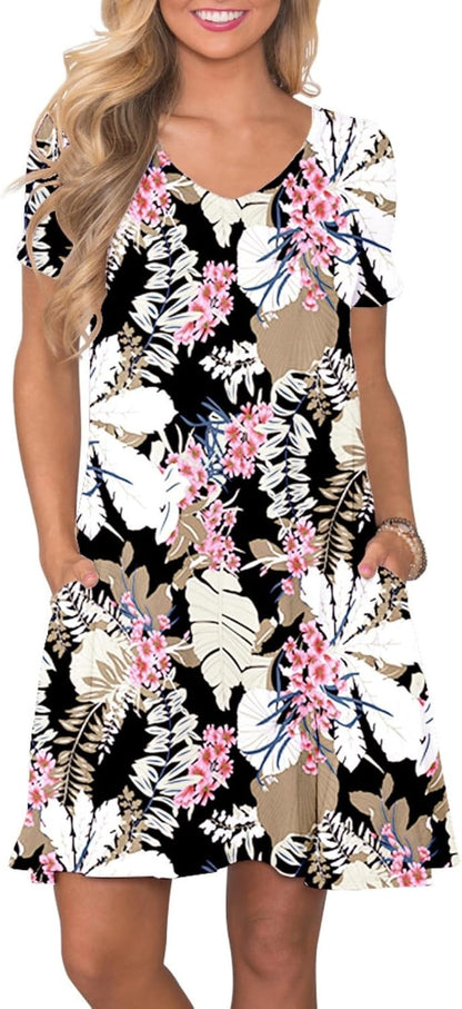 Women's Casual T-Shirt Dress Short Sleeve Summer Swing Dress with Pockets 3X-Large Big-leaf Pink Flower