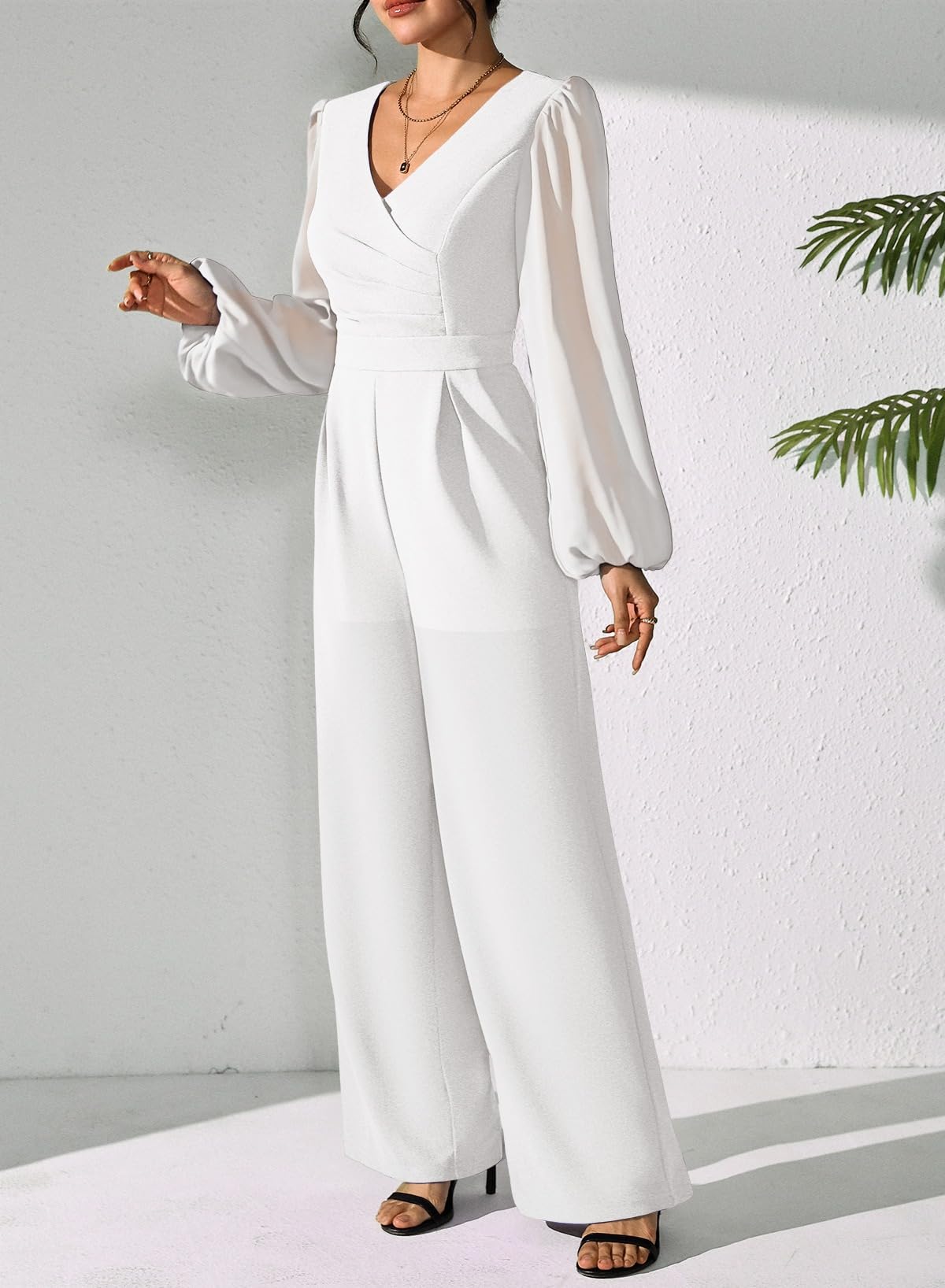 Pink Queen Jumpsuits for Women Dressy Patchwork Chiffon Sleeve V Neck Wide Leg Romper Holiday Party Outfits