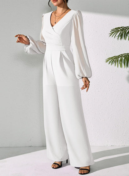 Pink Queen Jumpsuits for Women Dressy Patchwork Chiffon Sleeve V Neck Wide Leg Romper Holiday Party Outfits