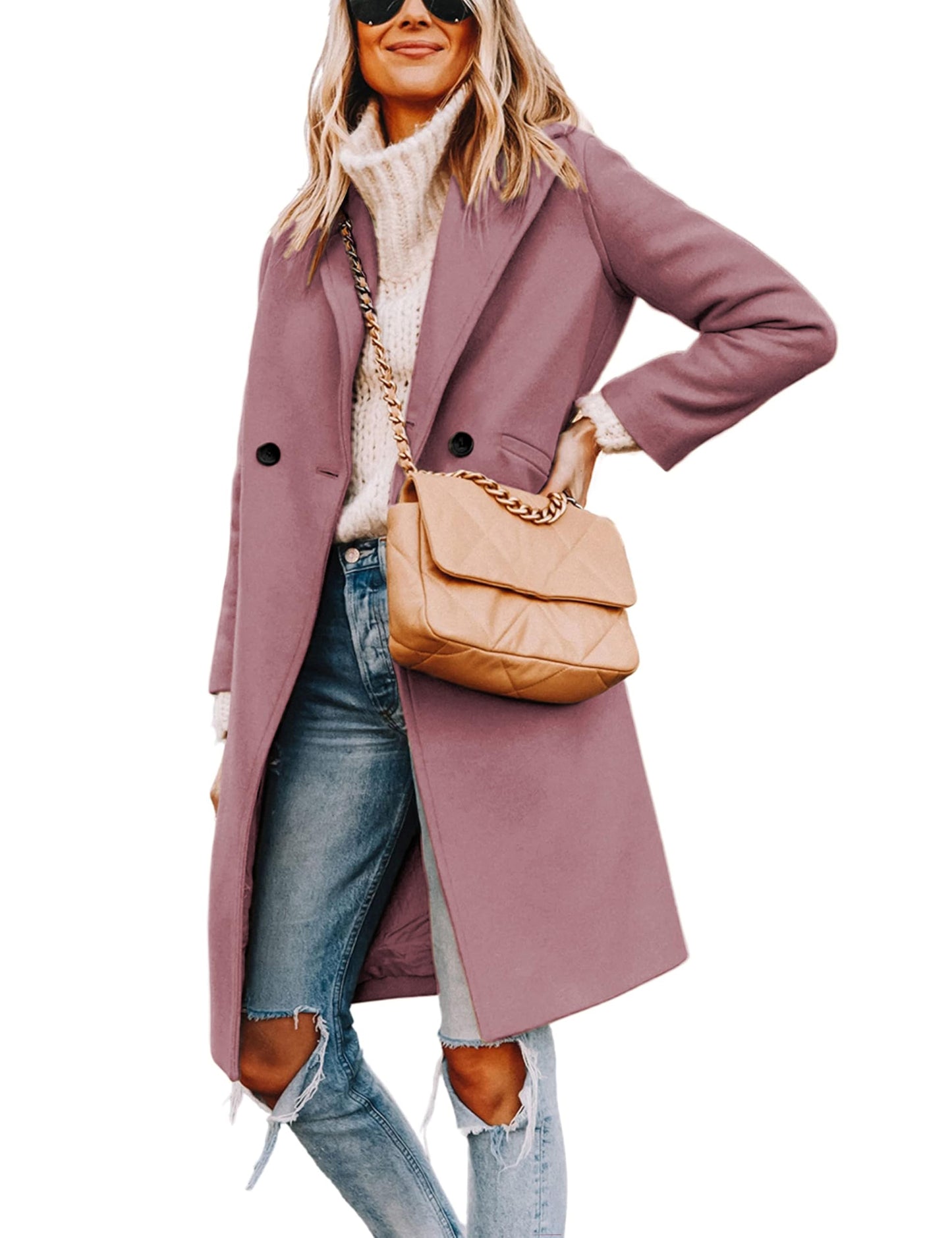 Wool Blend Pea Coat - Double Breasted Mid Length Trench Coat for Women Purple