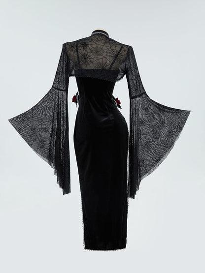 Gothic Vampire Costume - Women's Bodycon Dress with Spiderweb Cloak and Accessories