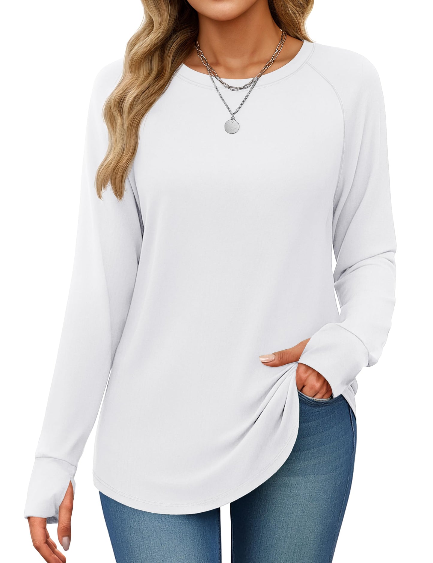 Women's Long Sleeve Tunic Top with Thumb Holes - Loose Fit Shirt for Leggings White