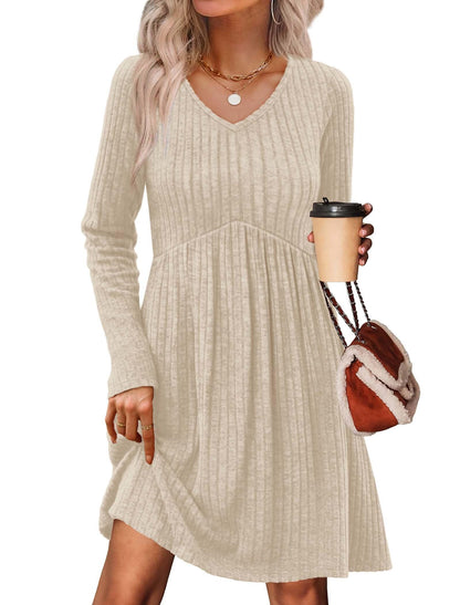 Women's Long Sleeve Sweater Dress - V Neck Empire Waist Babydoll Dress with Pockets