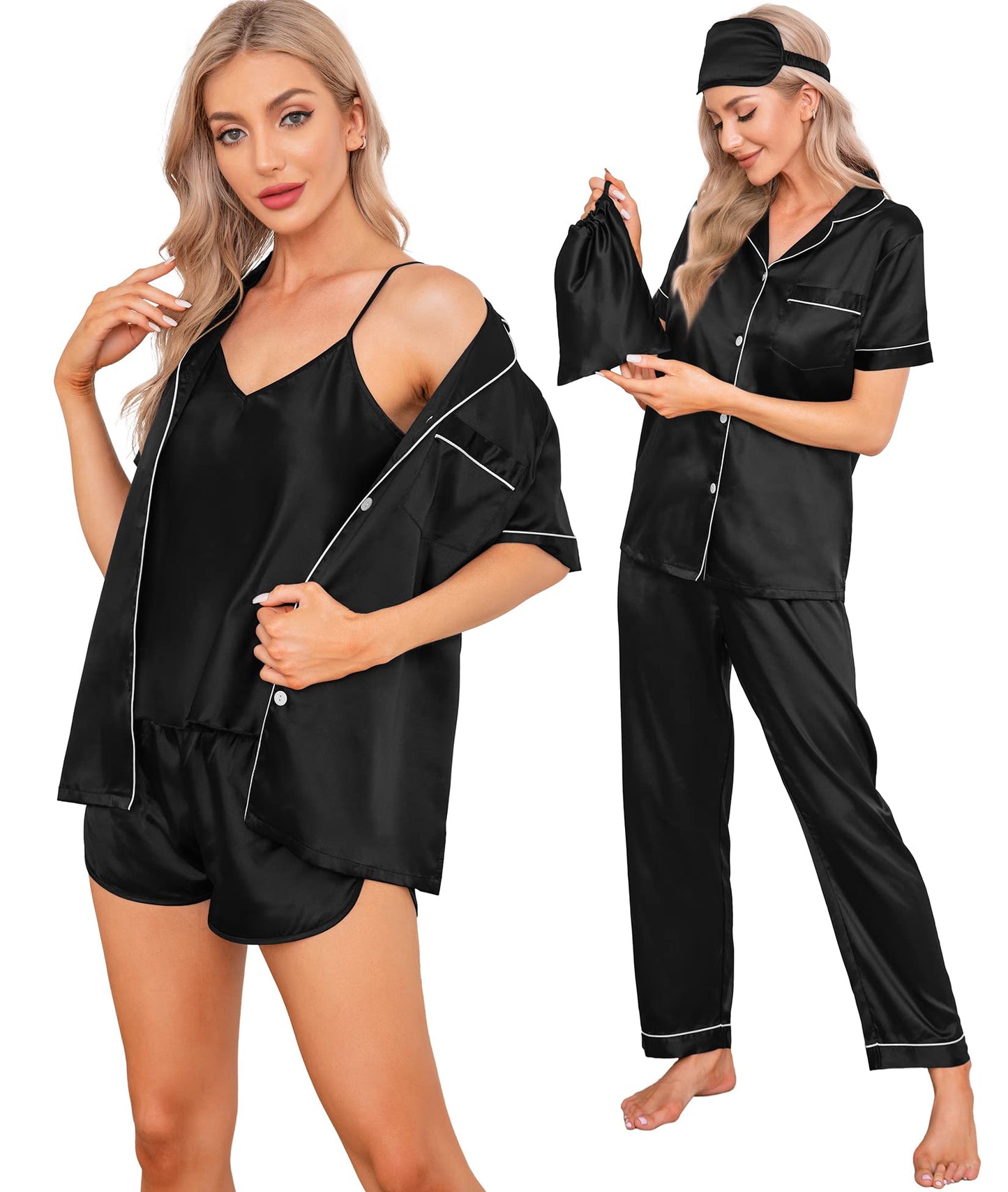SWOMOG Womens Silk Satin Pajamas Sets 7pcs Sleepwear Sexy Cami Shorts Set and Button Down Short Sleeve Satin Pjs