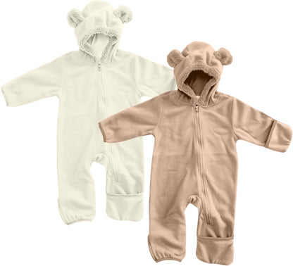 Fleece Baby Bunting with Hood - Convertible Mittens & Booties for Newborn & Infant Bear - White & Light Brown (2 Pack) 12-18 Months