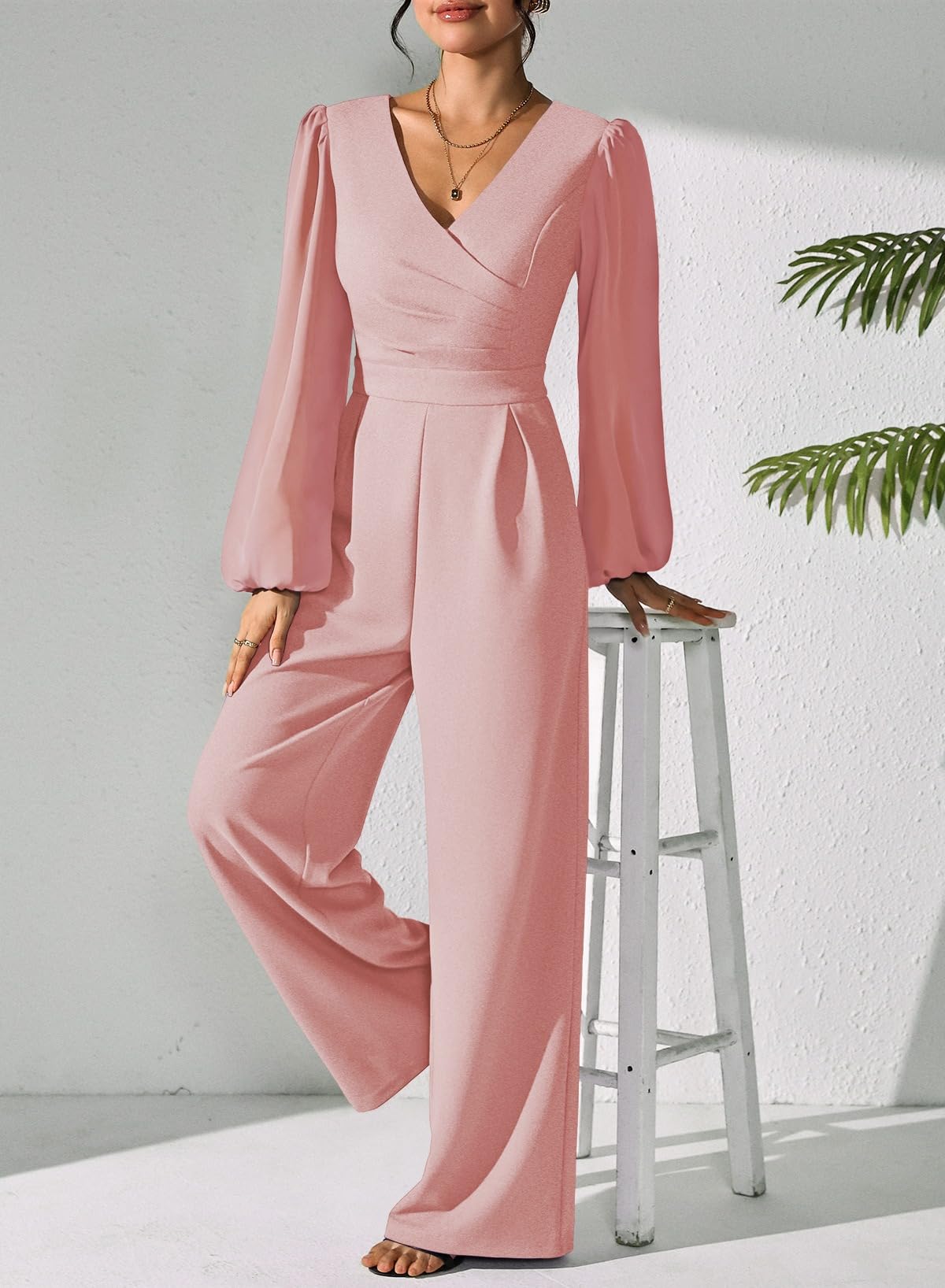 Pink Queen Jumpsuits for Women Dressy Patchwork Chiffon Sleeve V Neck Wide Leg Romper Holiday Party Outfits