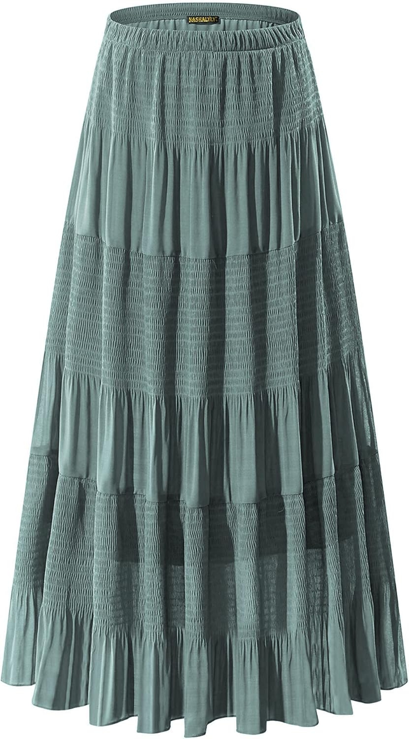 Chiffon Maxi Skirt for Women - High Waist Pleated A-Line Flared Long Skirt