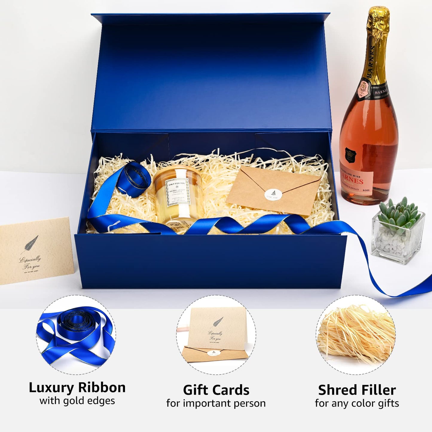Gift Boxes with Lids 2 Pack - Magnetic Closure with Ribbon, Card, Filler & Sticker