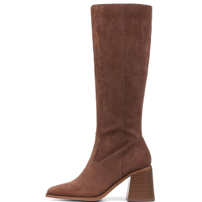 VOMIRA Knee High Boots Women Square Toe Chunky Heels Side Zipper Wide Calf Boots Fall Winter Brown Suede Boots Women