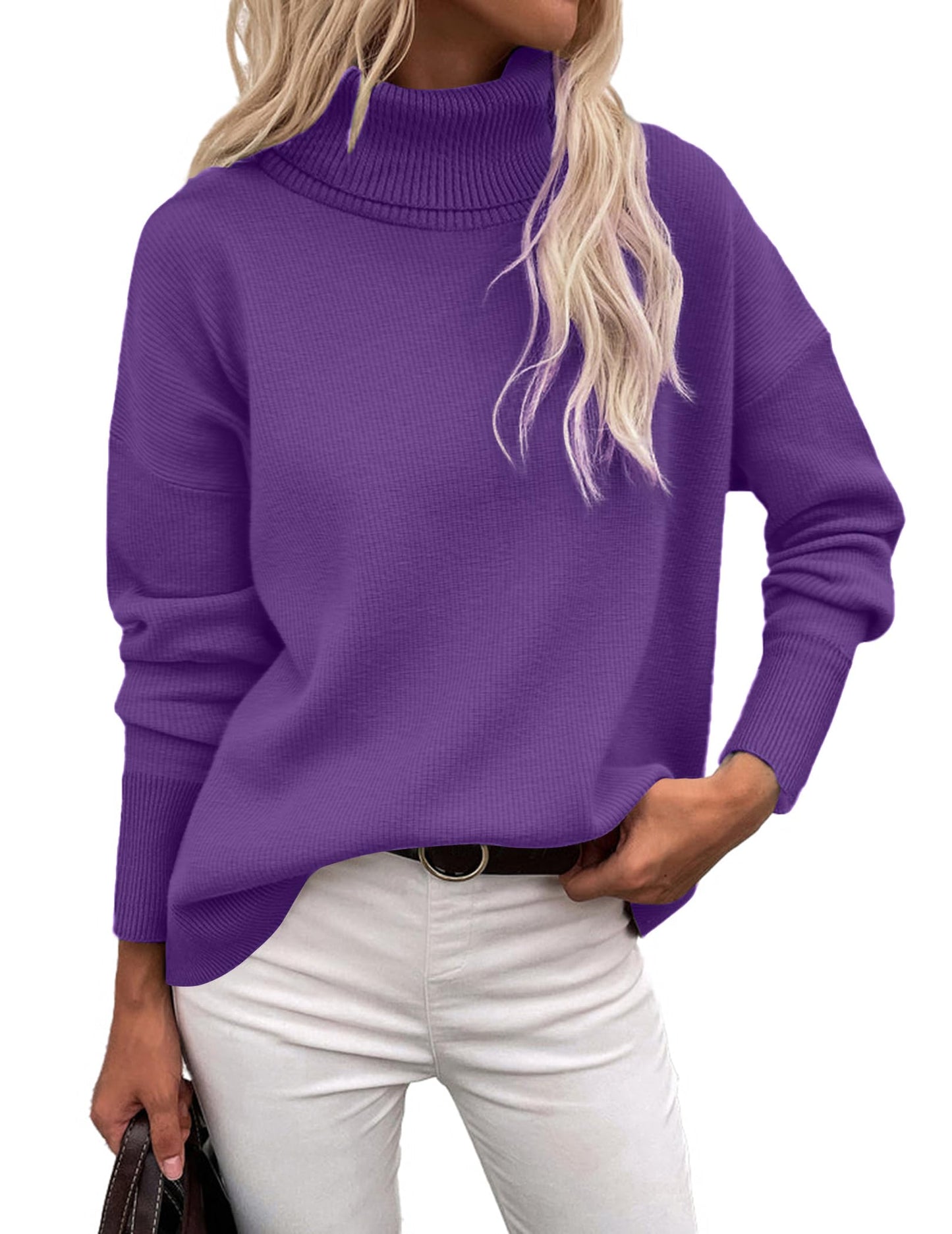 Orange Turtleneck Sweater - Turtleneck Sweater for Women - Chunky Knit Pullover with High Low Hem Purple