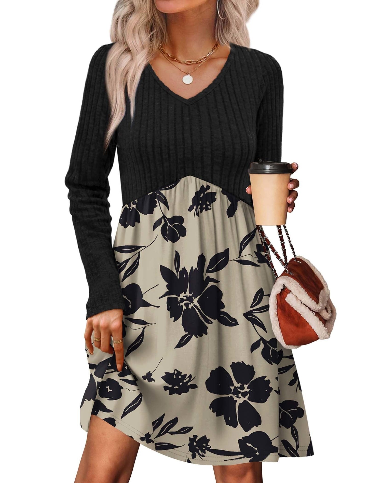 Women's Long Sleeve Sweater Dress - V Neck Empire Waist Babydoll Dress with Pockets T-black Floral
