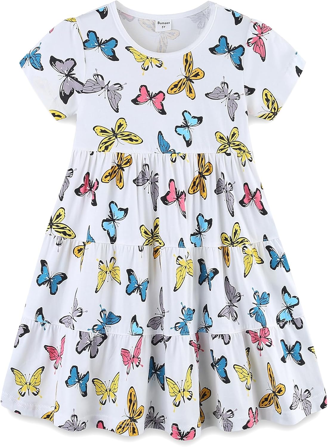Girls Cotton Dress - Ruffle Sleeve Tiered A-Line Midi Sundress Butterfly Print
