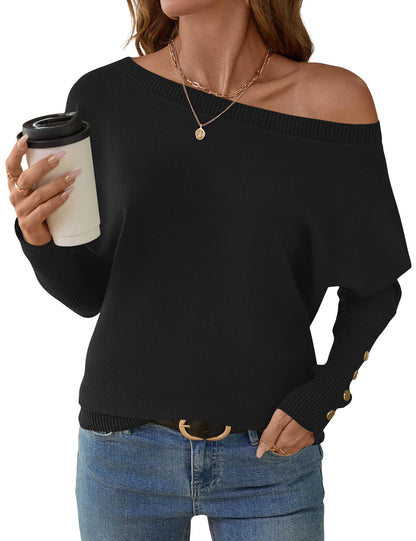 Women's Off The Shoulder Sweater - Oversized Knit Batwing Sleeve Pullover Black