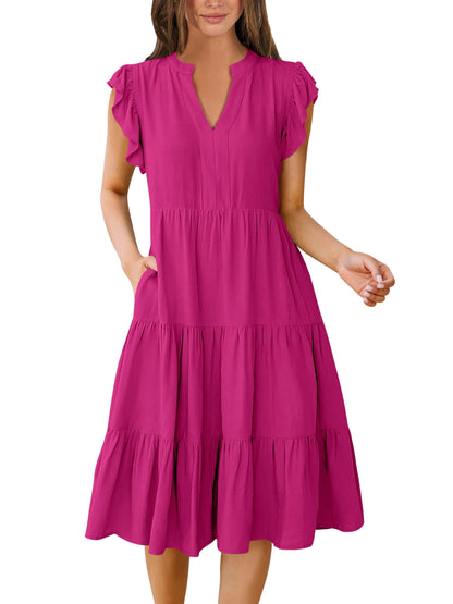 Blue Casual Dresses - Women's Summer Midi Dress - Ruffle Sleeve V-Neck Boho Beach Dress Hot Pink
